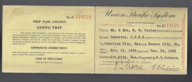 1923 Union Pacific Railroad Co. Trip Passes