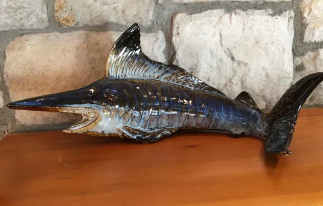 Large 13.5" Ceramic Swordfish Blue & Brown Ocean Nautical Whimsical Sea NEW