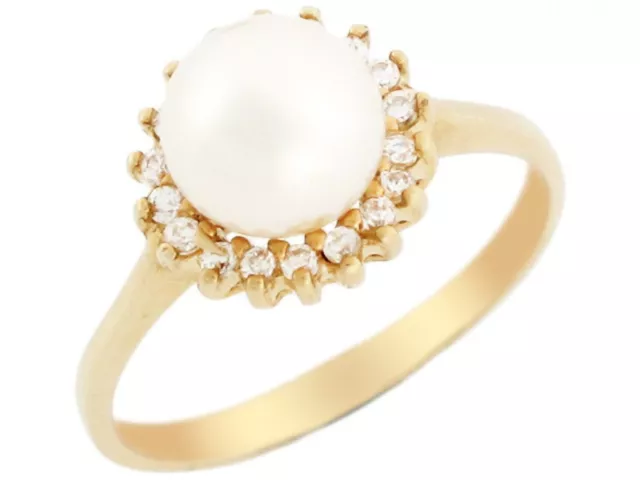 10k or 14k Solid Yellow Gold Freshwater Cultured Pearl & CZ Ladies Ring Jewelry