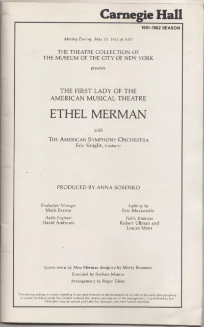 Ethel Merman   Concert   Playbill  1982   Carnegie Hall 2