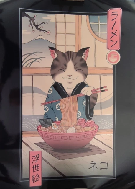 Vincent Trinidad Neko Ramen Ukiyo-e 3D Lenticulaire Encadrée - Affiche Chat Japonais 28.5x23.5 Cm Cadre Noir