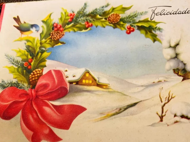 Snow scene Pine cone Holly Wreath Bow Christmas Card Spain 1954 Mid Mod Vintage.
