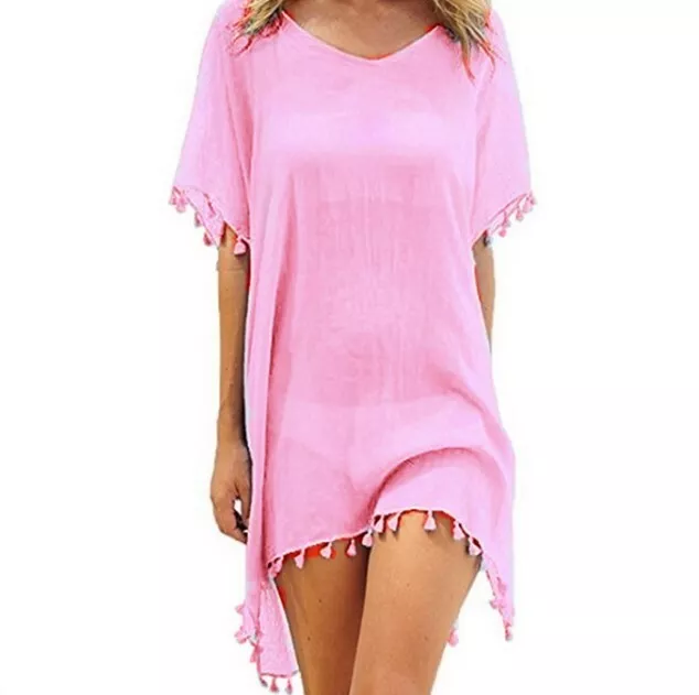 Womens Sexy Tassels Bikini Beach Kaftan Summer Cover Up T-Shirt Dress Swimwear