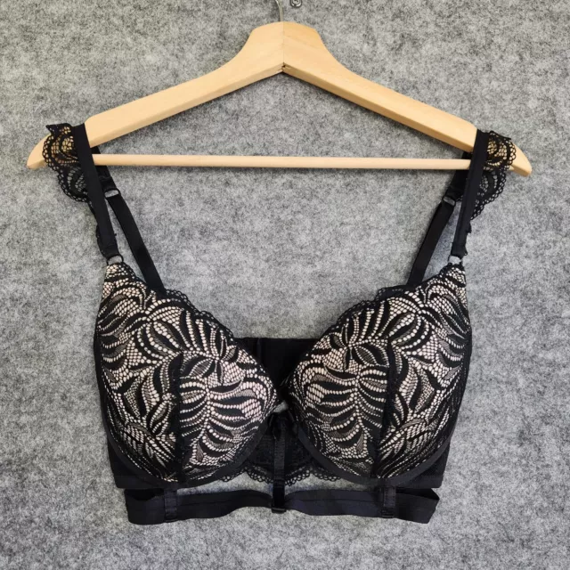 Bras N Things Bra Womens Size 14DD 36DD Black Lace Sexy Boned Underwire Push Up