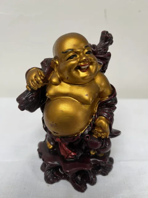 Statuette statue Bouddha souriant Rieur résine rouge/violet/or