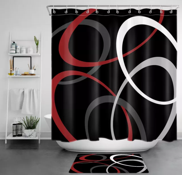Creativo conjunto de cortinas de ducha rojas a rayas negras y grises para decoración de baño