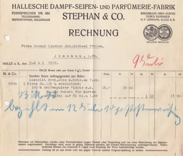 HALLE/SAALE, Rechnung 1910, Stephan & Co. Seifen-Parfümerie-Fabrik