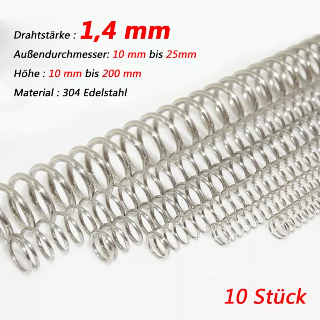 10 stk 1,4mm Drahtstärke Druckfedern Edelstahlfedern AD: 10-25mm Höhe 10mm-200mm