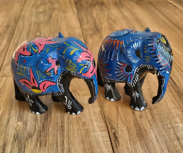 2 x Hand Painted wooden Indian Elephant Ethnic Boho Ornaments, Figurines