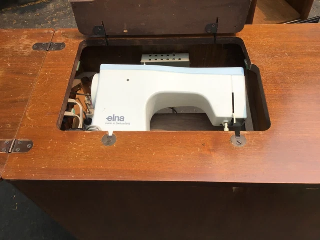 Old Vintage ELNA SEWING MACHINE MCM CABINET Rare Combo set Vaneer issue&age wear
