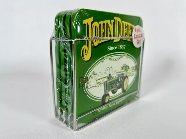 JOHN DEERE Four Piece Cork Coaster Set With Metal Holder 4x4 inch NEW in Package 2