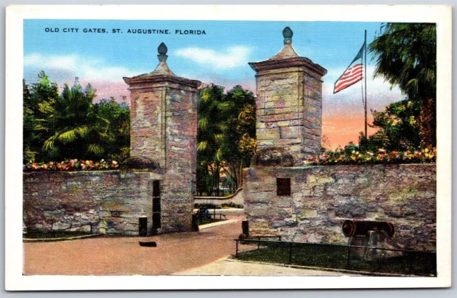 Vtg St Augustine Florida FL Old City Gates 1930s Unused Linen View Postcard