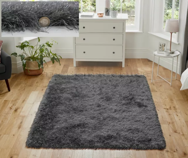 Dazzle Sparkle Sparkly Dark Grey Charcoal Soft Thick Pile Shaggy Glitter Rug