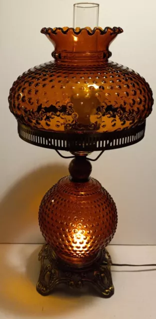 Vintage 1970 EF Industries 338 Hobnail Amber Glass GWTW Hurricane Lamp 22"H 3way