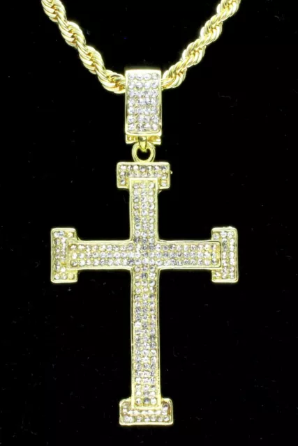 Mens Icy Large Cz Cross Pendant 14k Gold Plated 24" Rope Chain Hip Hop Necklace