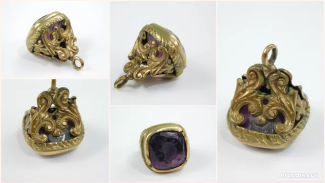 Antique Amethyst Glass Intaglio Carved Roman Cameo Gold Filled Watch Fob Pendant Antique Amethyst Glass Intaglio Carved Roman Cameo Gold Filled Watch Fob Pendant