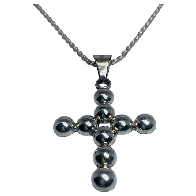 Vintage Mexico Sterling Silver Large Bubble Cross Pendant Rope Chain Necklace 16