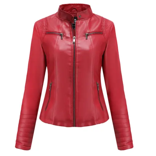 WOMEN'S MOTORCYCLE JACKET Fashion Leather Stand Collar Slim Solid Color ...