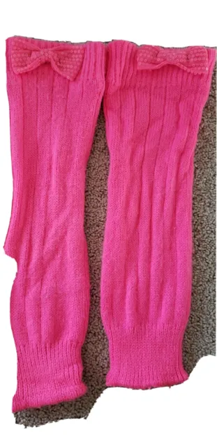 Girls bright pink Leg Warmers Knit bow sequins 14"