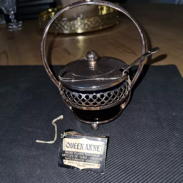 Vintage Silver Plated And Glass Cobalt Blue Art Deco Sugar / Jam  Bowl And Spoon