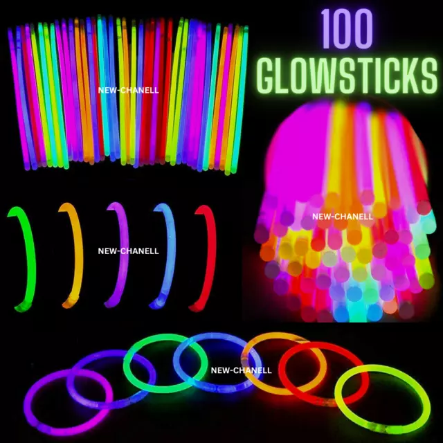 100 X 8" Glow Sticks Bracelets Necklaces Party Favors Neon Color + Connector