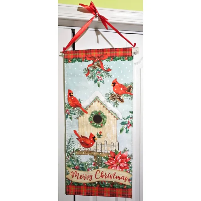 Merry Christmas Cardinal Bird Wall Door Hanging Winter Snow Birdhouse Flag 30x14