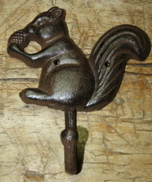 Cast Iron SQUIRREL ACORN Garden Hat Coat Key Hook Rustic Brown Finish Man Cave