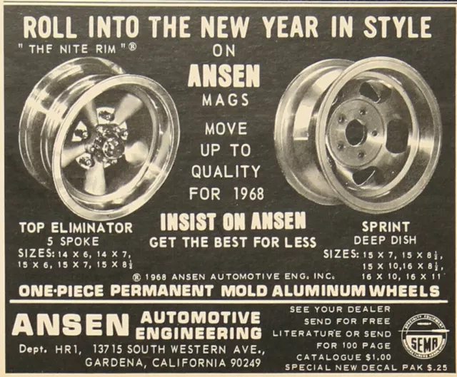 Ansen Aluminum Sprint Chrome Eliminator Car Mag Wheel Rims Vintage Print Ad 1968