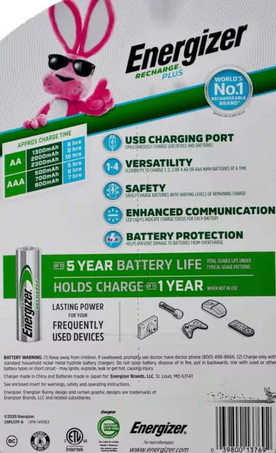 Energizer Recharge Plus USB Charger for NiMH Rechargeable 4-AA & 4-AAA Batteries 2