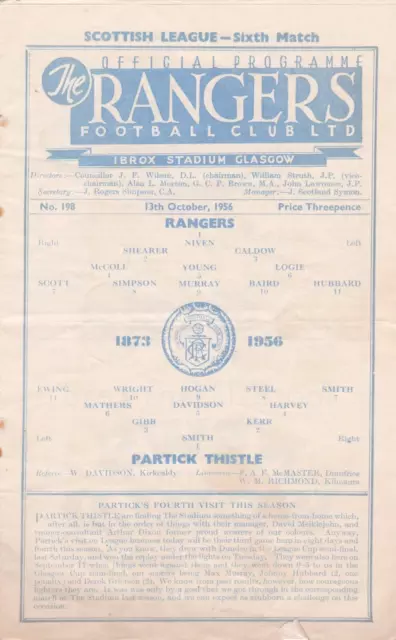 Scottish Football Programme Glasgow Rangers V Partick Thistle 1956