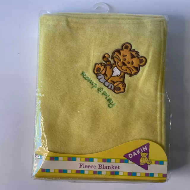 Vintage DAKIN Yellow Lovey Fleece Baby Blanket 30 X 40 Tiger Animal Romp & Play