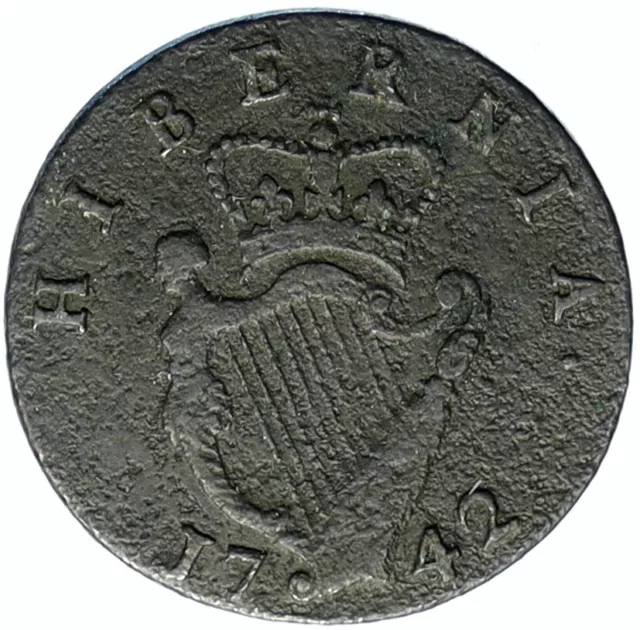 1742 IRELAND UK King George II Antique Lyre VINTAGE OLD 1/2 Penny Coin i99770