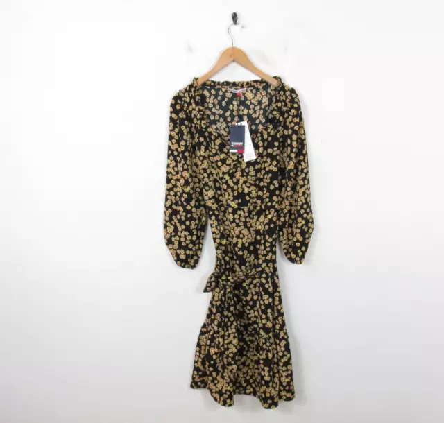 BNWT Tommy Hilfiger Jeans Yellow Floral Wrap Midi Dress Belted Square Neck | L