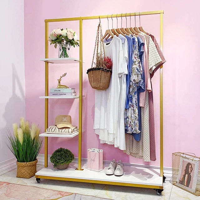 FONECHIN Metal Clothes Garment Racks with 4 Wood Storage Shelves and Hanging Bar