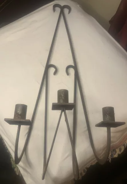 Antique Wrought Iron Gothic Spanish Revival Wall Candle Holder Mount 23” BIG!