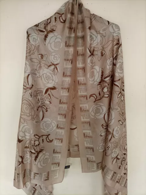 Fendi Silk Shawl Scarf Wrap Monogram FENDI FF Flower Logo Woman Brown SOIE Silk