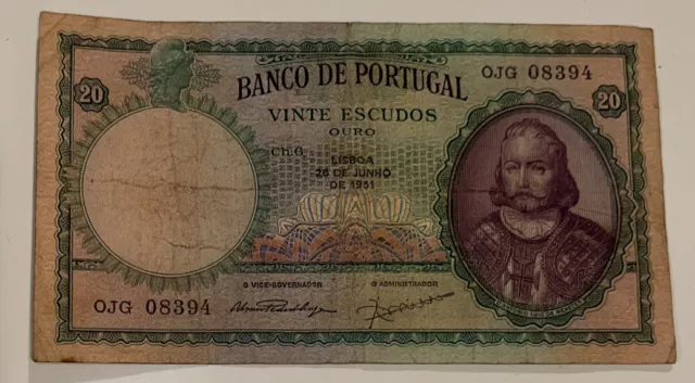 Banknote, Portugal, 20 Escudos, 1951, 1951-06-26, KM:153a, VG+