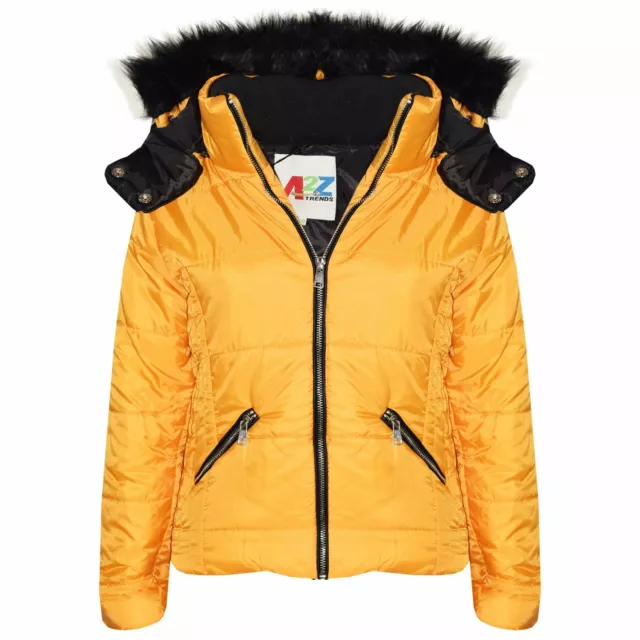 Kids Quilted Mustard Puffer Coat Faux Fur Collar Hood Jacket For Girls