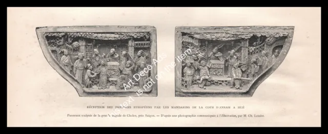 Gravure 1883 , La Cour d' Annam à Hué Reception des premiers Européens