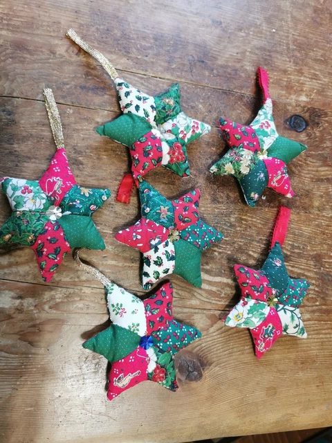6 handmade patchwork fabric star shaped hanging Christmas decorations