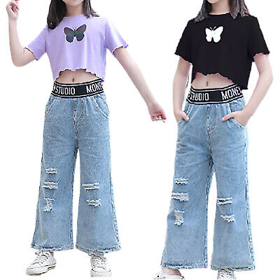 Kids Girls Fashionable Outfits Round Neckline Top+Loose Denim Pants Casual Wear