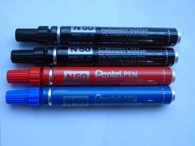 Pack of 4 Pentel N50 Permanent Markers 3mm Bullet Tip Nib 2/1/1 Black/Blue/Red