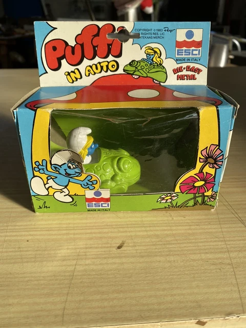 Smurf Puffi in auto ESCI 1/43 Die Cast Metal Vintage Scatola Garage Puffetta