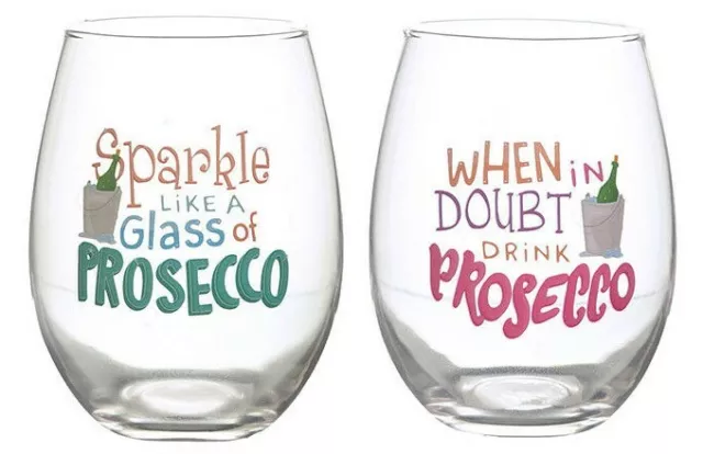 Set of 2 PROSECCO SLOGAN Stemless Glasses Wine Gin Tumbler Gift Box Novelty