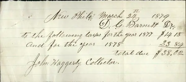 1879 original document New Philadelphia OH Ohio John Haggerty and D.G Barnett