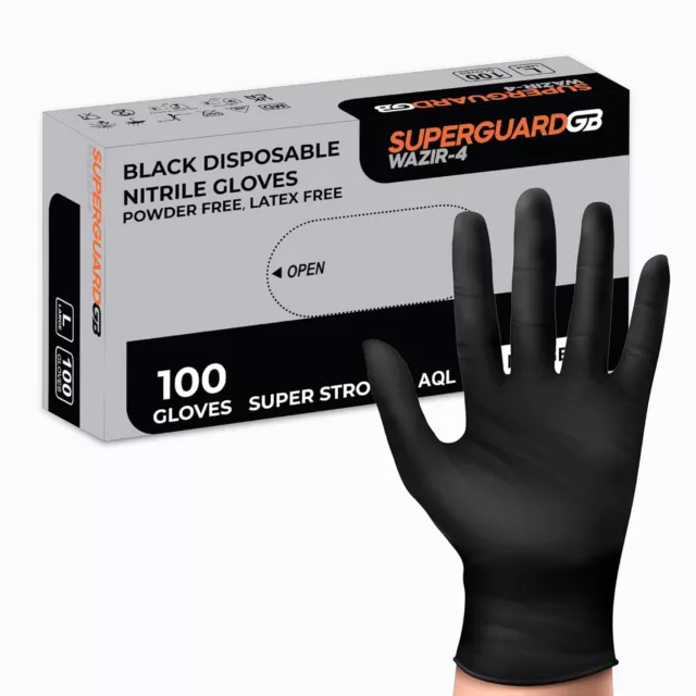 Superguard Strong Nitrile Gloves - Disposable Black Gloves Heavy Duty Powder 100