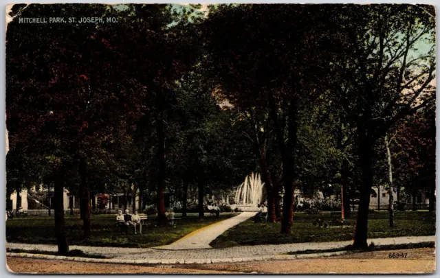 Mitchell Park Saint Joseph Missouri MO Recreational Area Fountain Bench Postcard