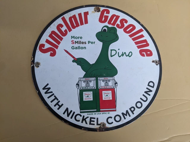 Vintage Dated '61 Sinclair Dino Gasoline Porcelain Enamel Gas Station Pump Sign