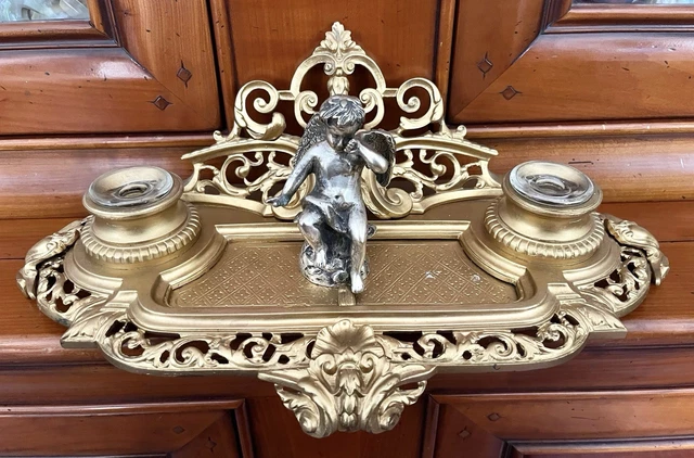 Petit Miroir Mural Ancien XIXe – Bronze Et Laiton – Biseauté – 44 Cm
