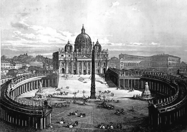 Superb panoramic view of St. Peter's Square and the VATICAN - 19th engraving